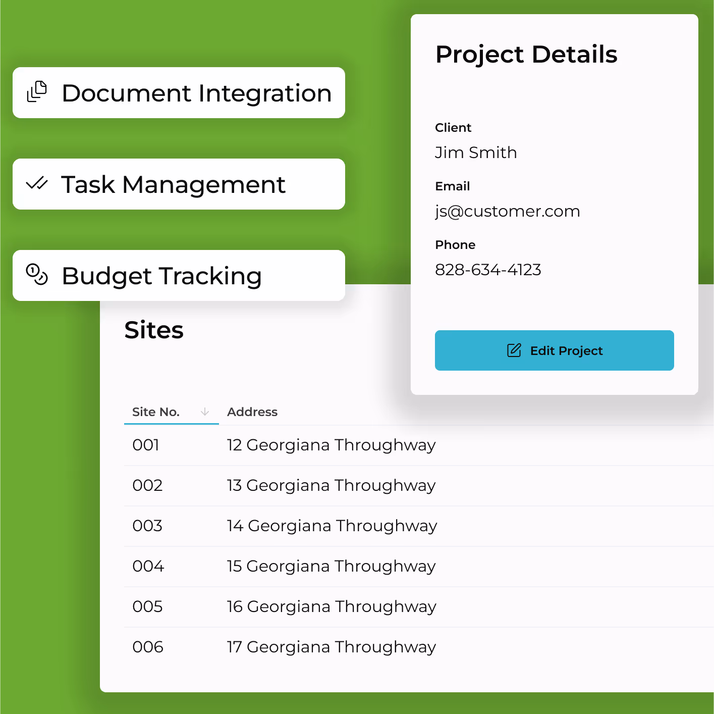 Bits of the Pilotis UI showing the words: Document Integration, Task Management, Budget Tracking. A list of Sites and a modal showing Project Details.