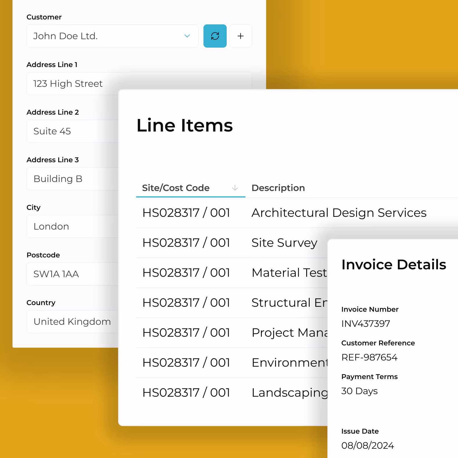 Bits of the Pilotis UI showing Customer Details in a form, Line Items from an Invoice and Invoice Details.