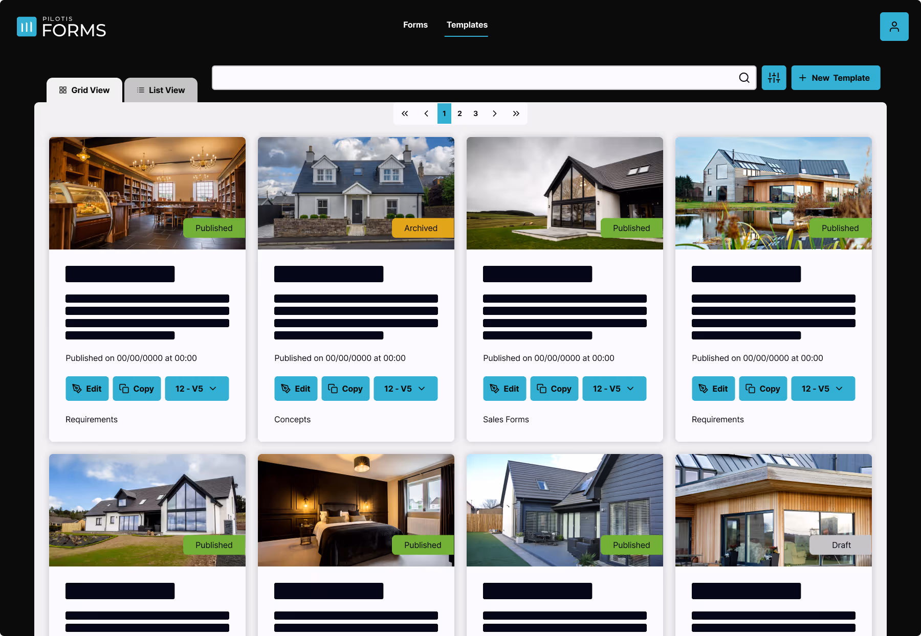 A screenshot of the Pilotis Forms Templates Dashboard
