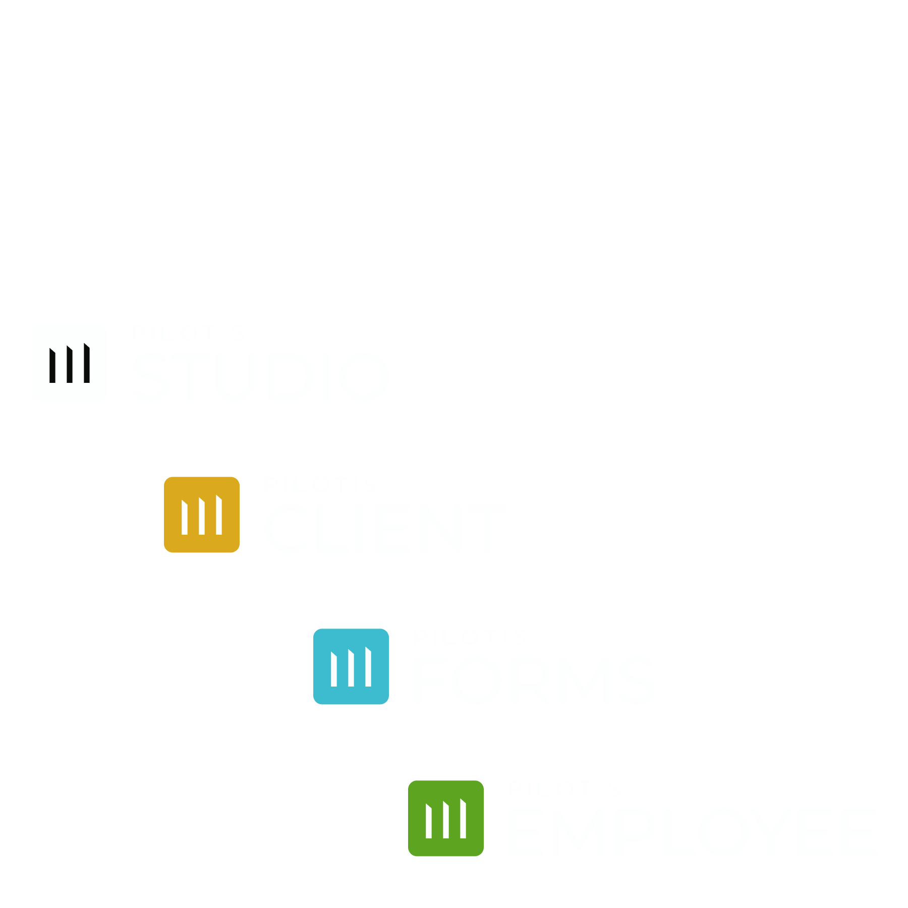 The words: Each part a step closer to success with four Pilotis product logos: Studio, Client, Forms, Employee