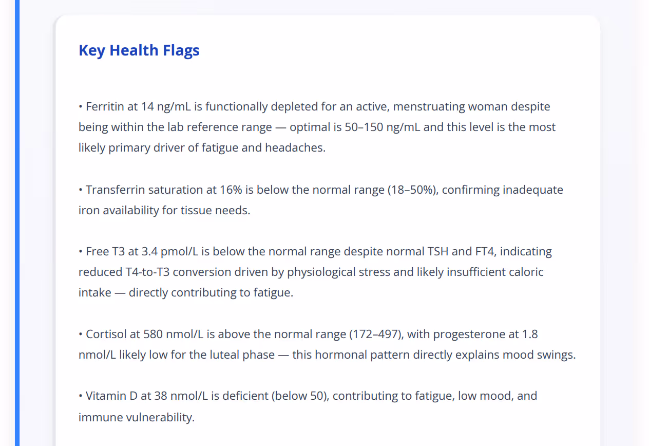 Key health flags from Nadia's report