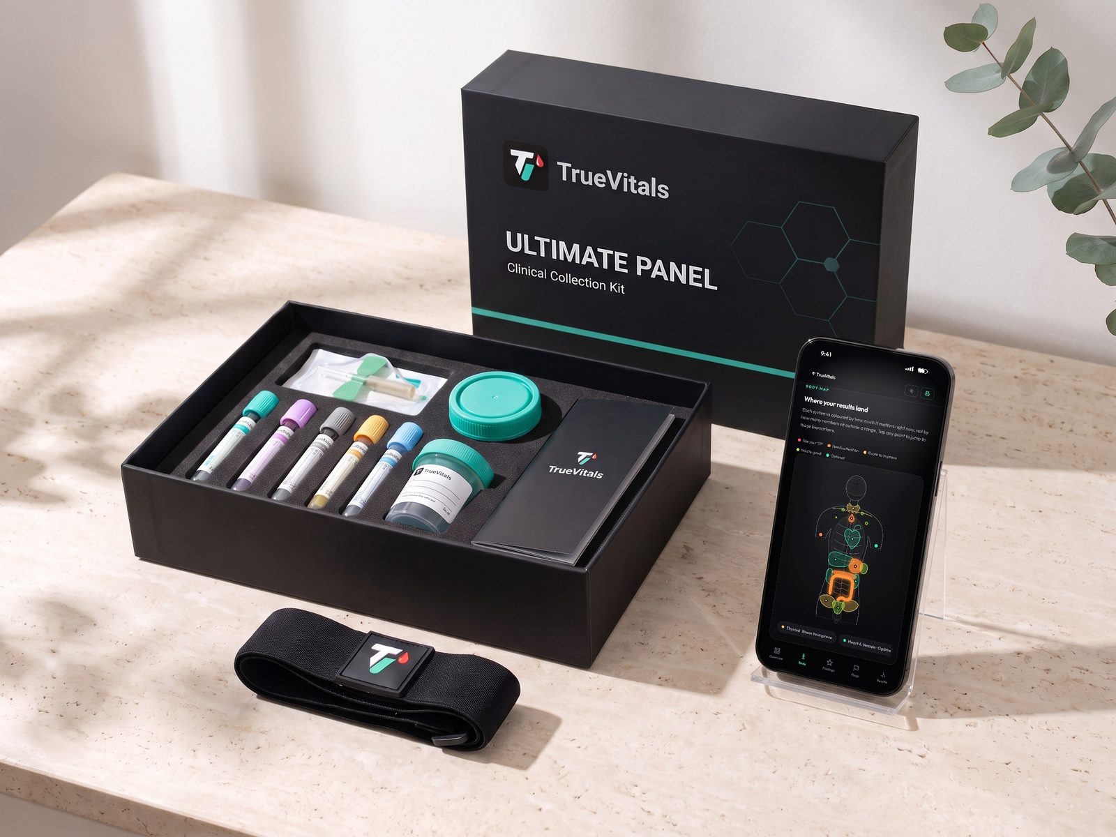 TrueVitals Ultimate Panel clinical collection kit with the TrueVitals report on a phone