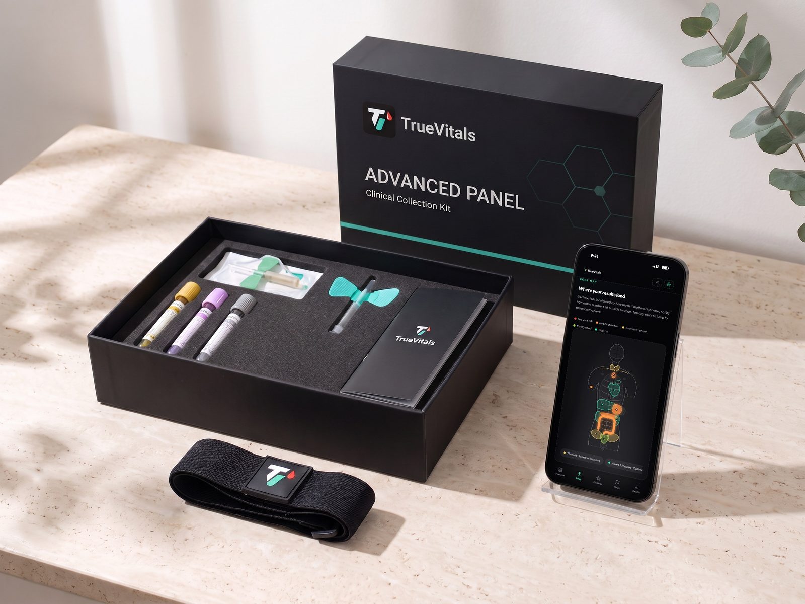 TrueVitals Advanced Panel clinical collection kit with the TrueVitals report on a phone