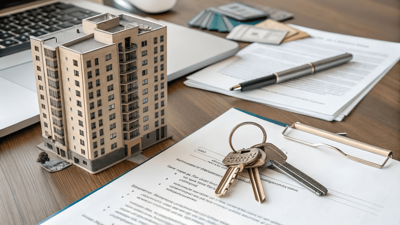 Apartment model, keys, and property paperwork - Apartment model, keys, and property paperwork