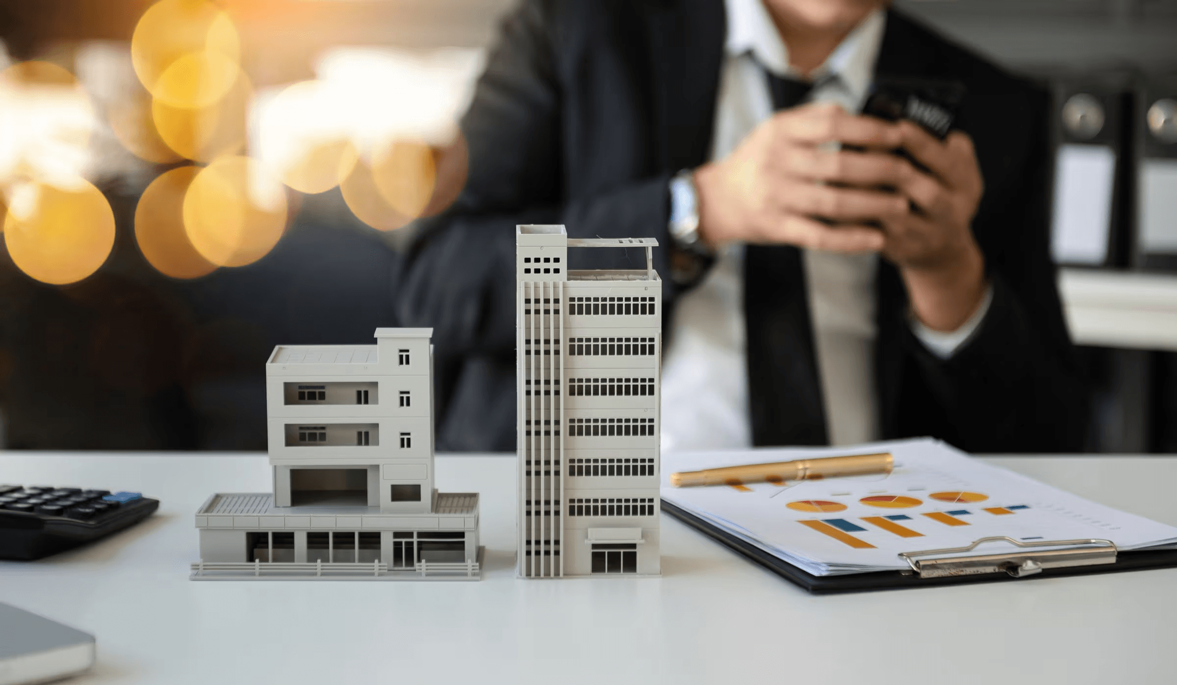 Architect with building models and charts - CRE Investing 