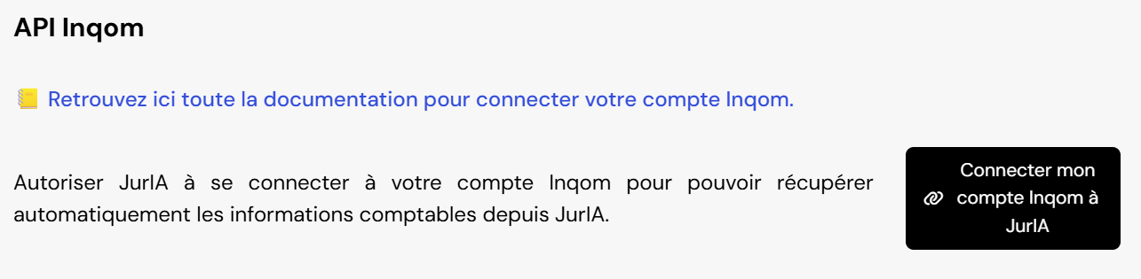 Screen montrant où faire la connexion à l'API Inqom depuis la plateforme JurIA