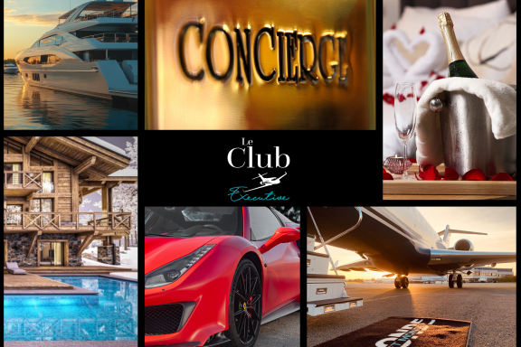 Collage comprenant un yacht au coucher du soleil, une plaque avec le mot concierge, une bouteille de champagne dans un seau à glace avec deux flûtes, un chalet en bois avec piscine, une voiture de sport rouge, un jet privé au coucher du soleil, et le logo central de Le Club Executive.