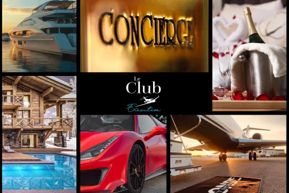 Collage comprenant un yacht au coucher du soleil, une plaque avec le mot concierge, une bouteille de champagne dans un seau à glace avec deux flûtes, un chalet en bois avec piscine, une voiture de sport rouge, un jet privé au coucher du soleil, et le logo central de Le Club Executive.