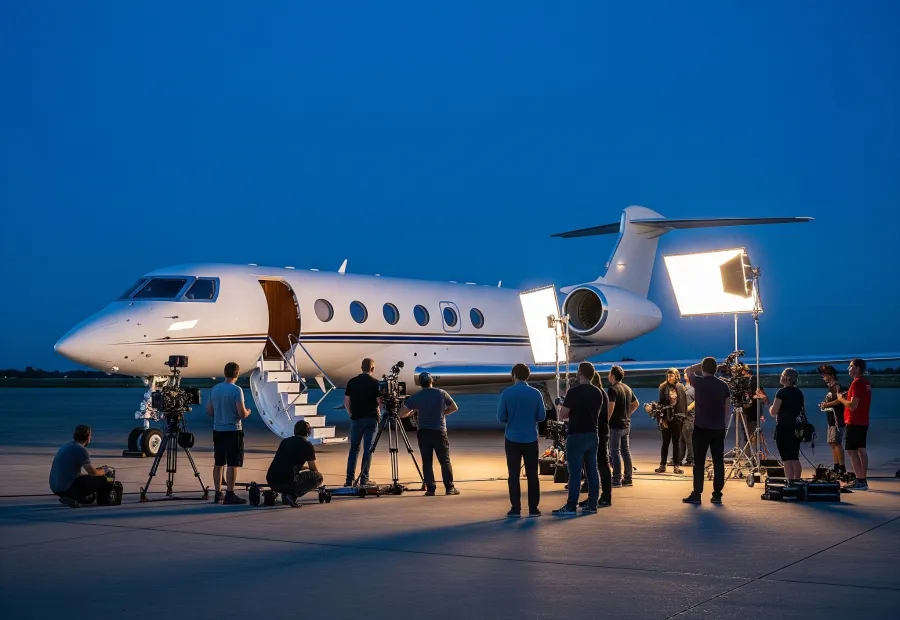 Équipe de tournage filmant près d'un avion d'affaires privé blanc avec équipements d'éclairage sur une piste d'aéroport au crépuscule.