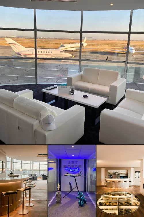 Salon d'aéroport avec canapés blancs et grande baie vitrée donnant sur une piste avec jets privés, plus trois images en dessous montrant un bar avec tabourets, une vitrine éclairée avec un modèle réduit d'avion et un autre espace bar moderne.