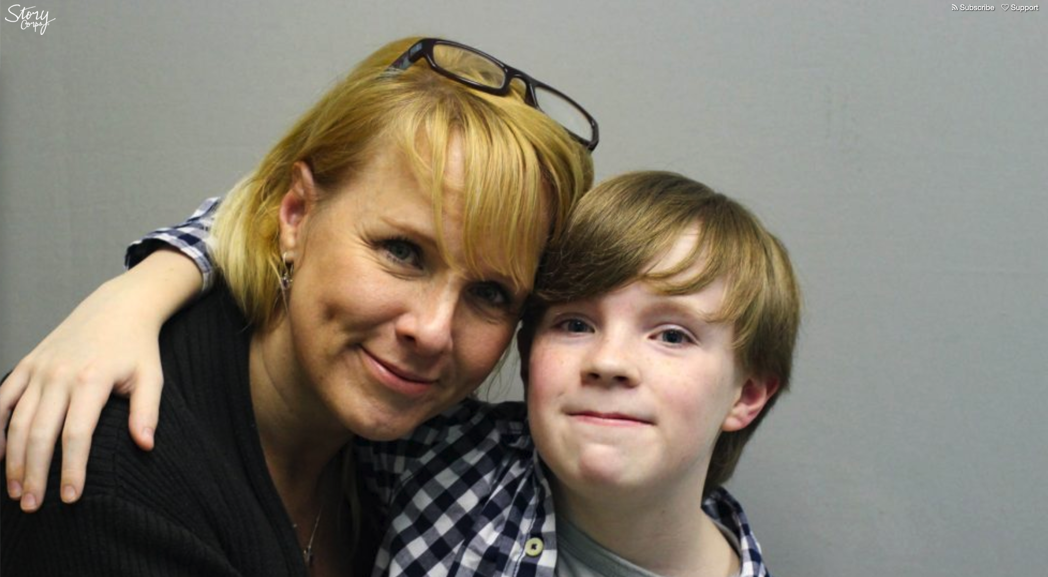 A transgender boy hugs his mom at his Story Corps inteview