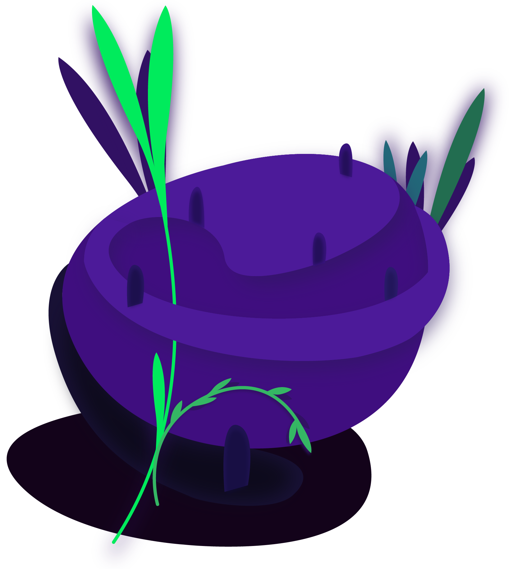 Violette Insel mit vielen Pflanzen und Eingängen – Symbol für den Einstieg in die Alltagsbegleitung mit Aelian in Hamburg