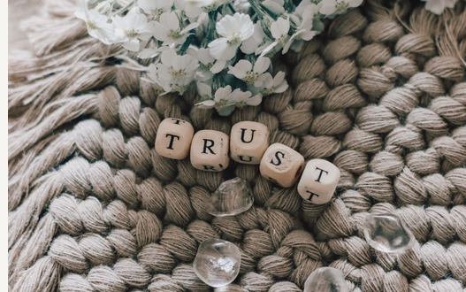 Trust the Universe- Holzwürfel mit Buchstaben T R U S T auf einem beigen Untergrund mit weißen Blumen darüber - Usui Reiki