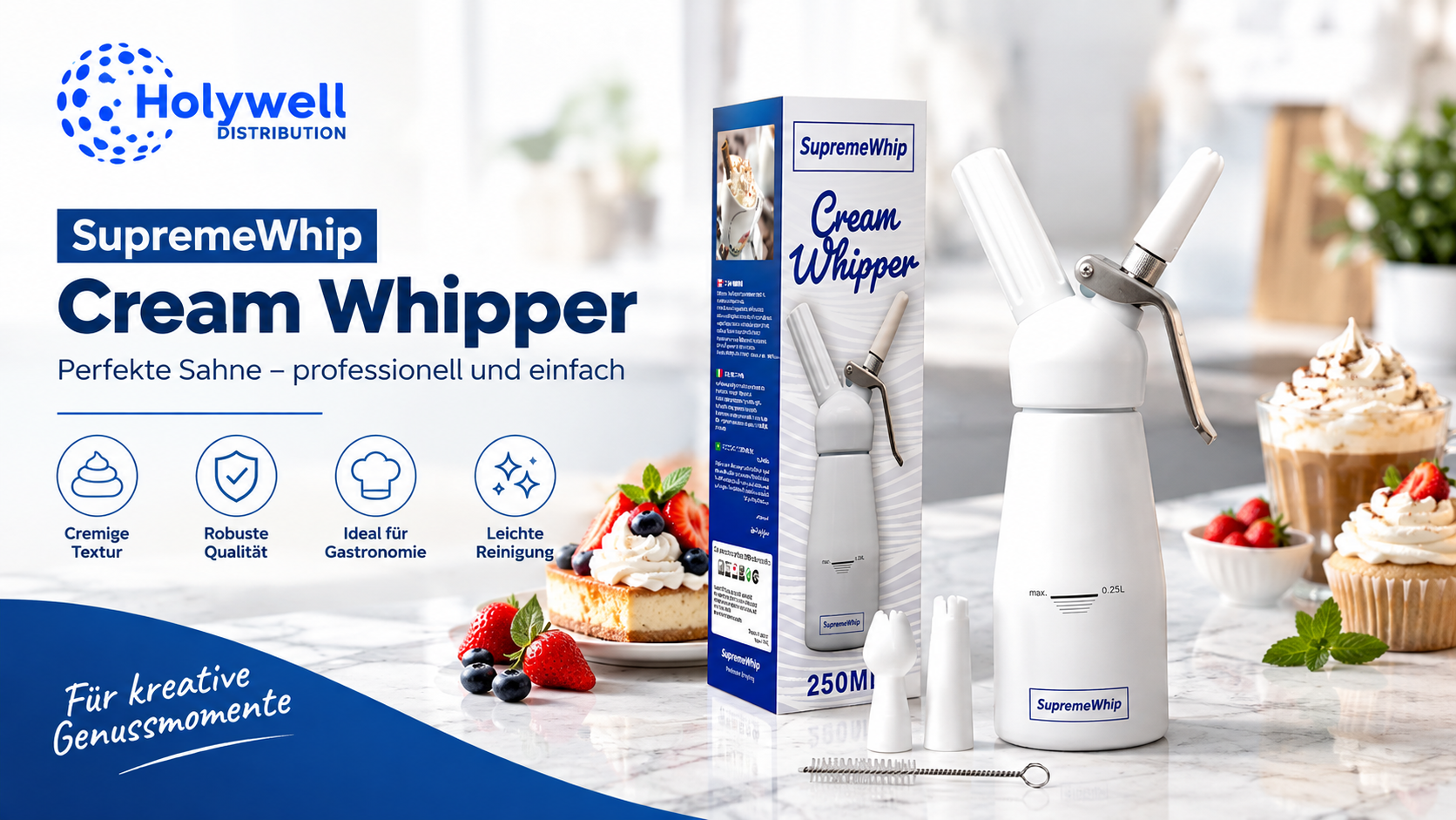 FreshWhip cream chargers by Holywell Distribution displayed with a mint flavour box, strawberry-flavored charger canister, metal chargers, fresh strawberries, mint leaves, and a fruit drink garnished with strawberry and mint.