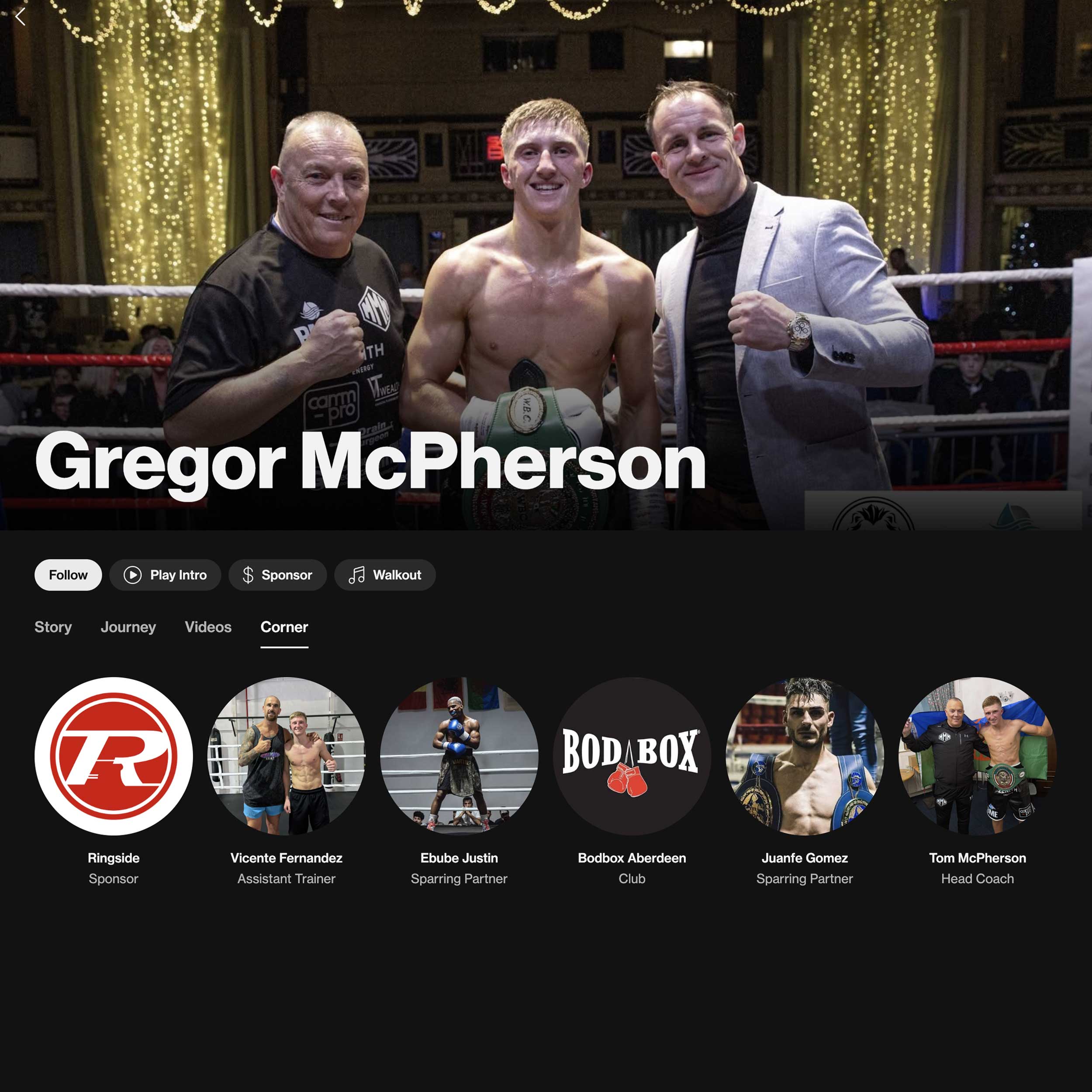Ringside displayed as a sponsor in a fighter’s Corner on MyCorner