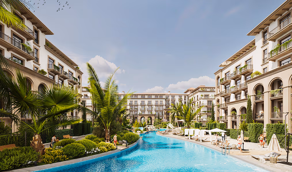 A large swimming pool surrounded by palm trees - marina village