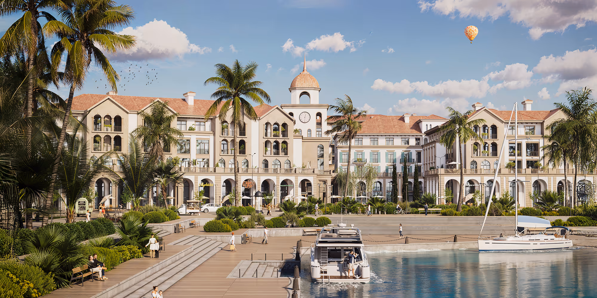 A large building with a boat in front of it - marina village