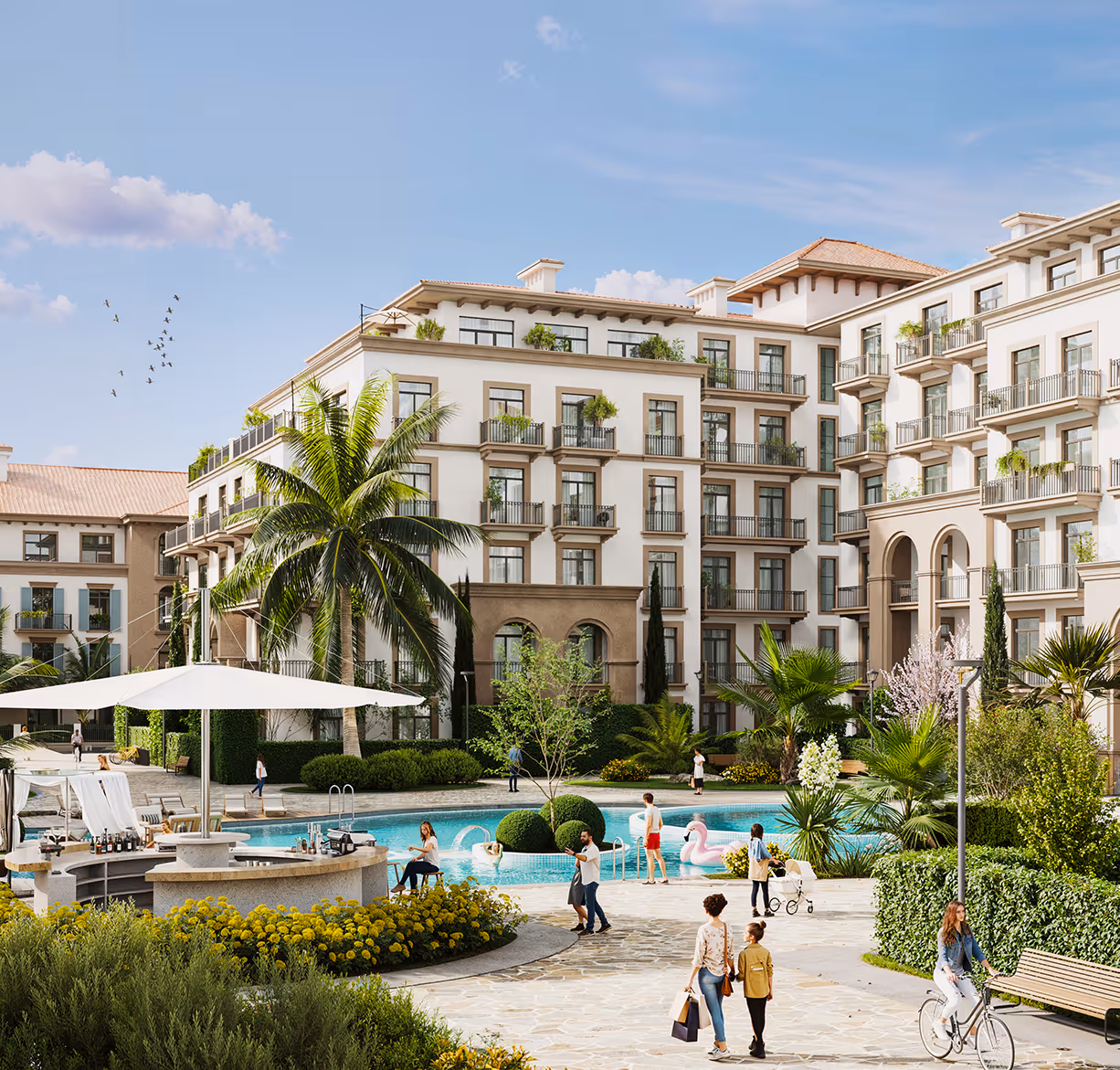 A group of people walking around a courtyard next to a building - marina village