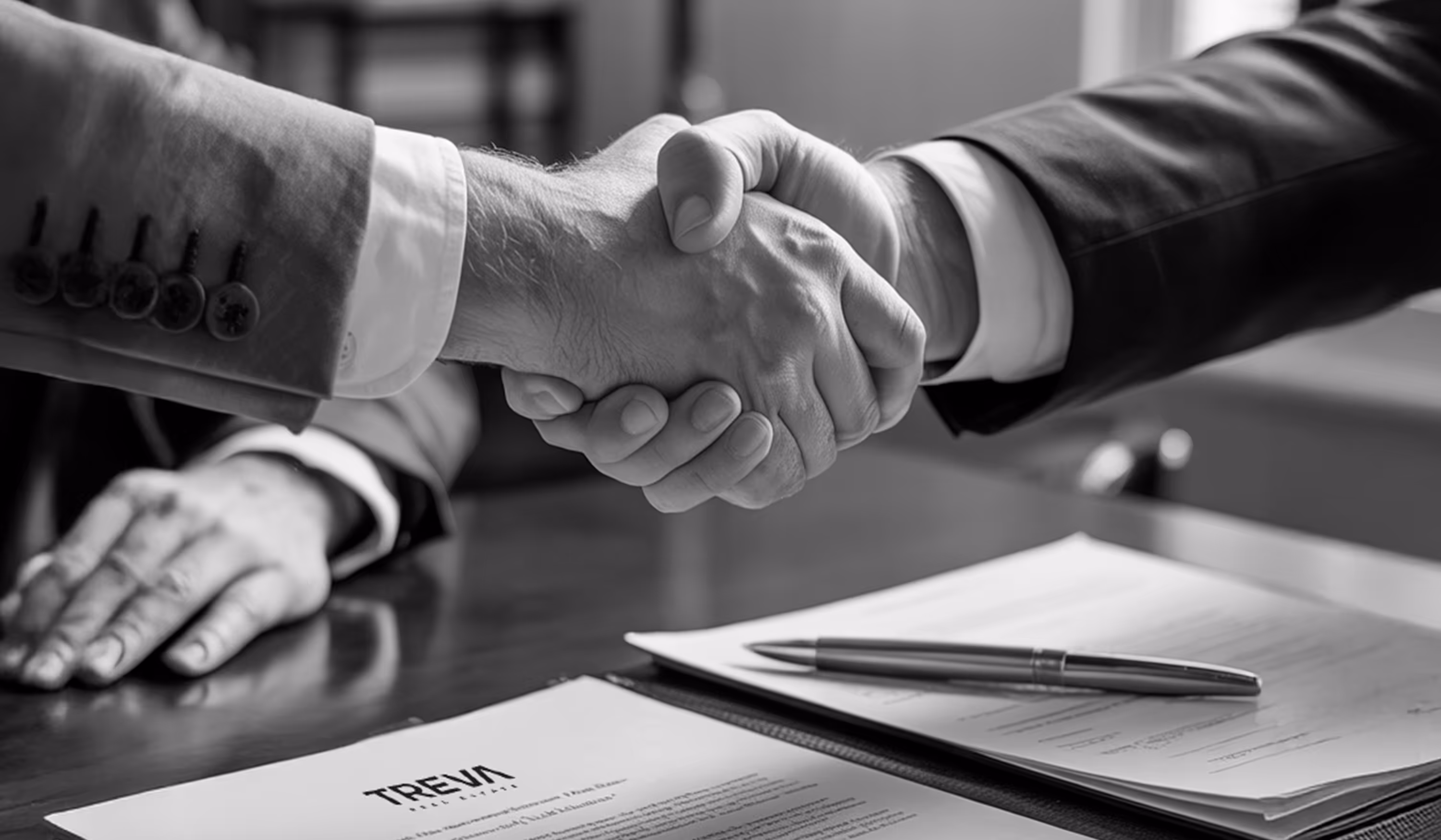 A couple of people shaking hands over a table.