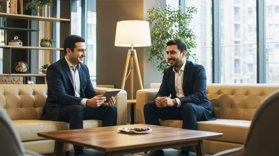 Two men sitting on couches in a living room.