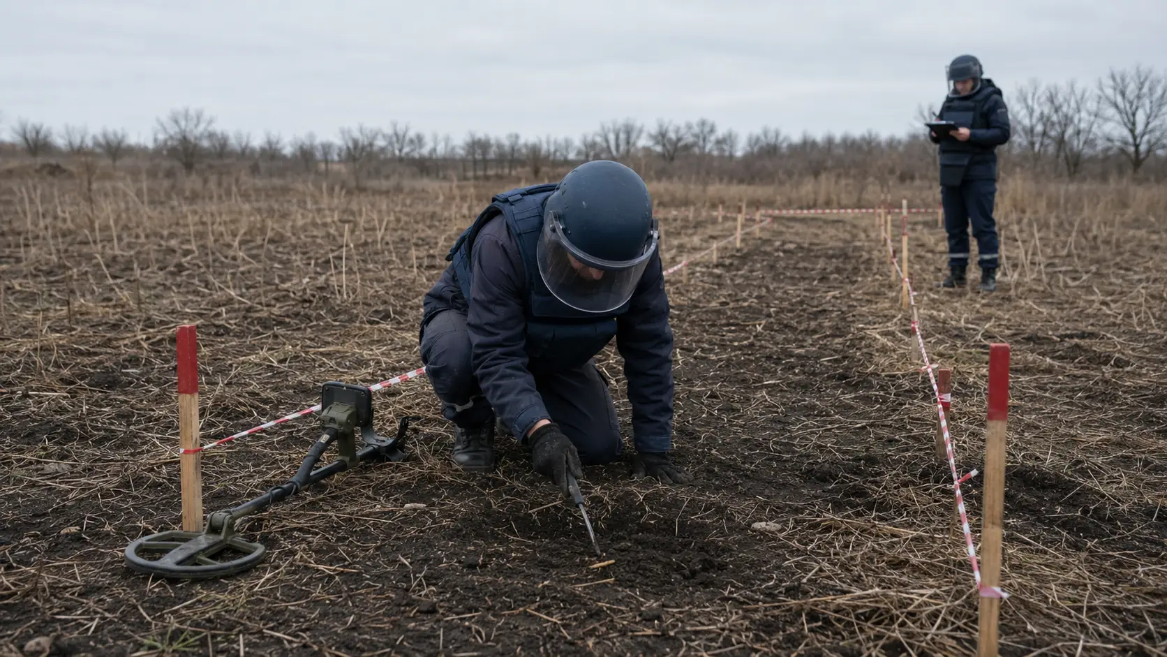 Сапер виконує ручне розмінування у позначеній робочій смузі