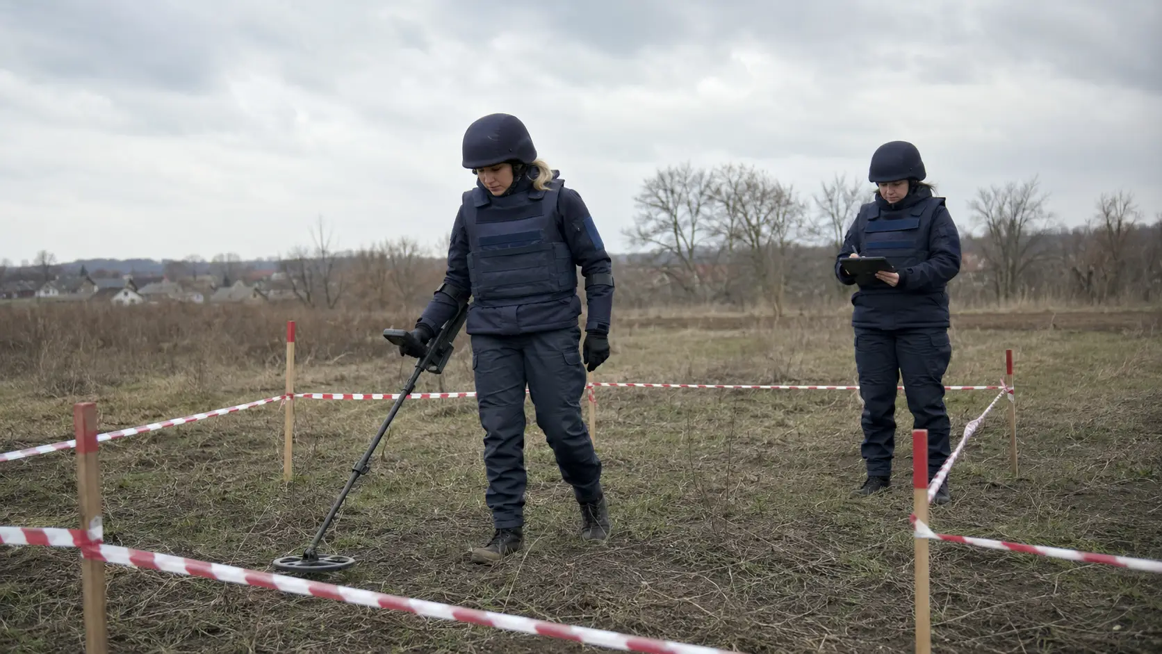 Сапери проводять технічне обстеження території за допомогою металошукача