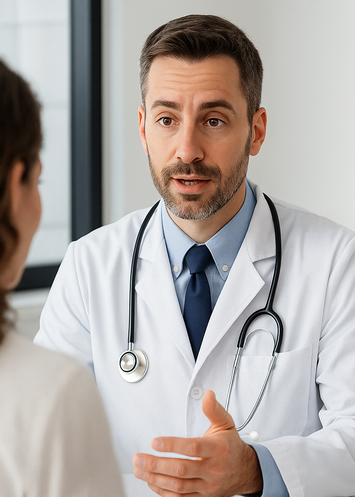 Male GP in white coat and stethoscope speaking to a patient, illustrating live AI note-taking.