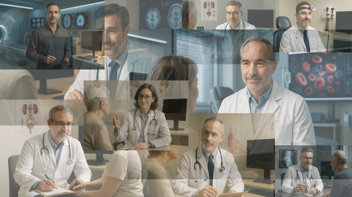 Grid of black outline icons representing diverse medical specialties (lungs, heart, bones, ambulance, etc.).