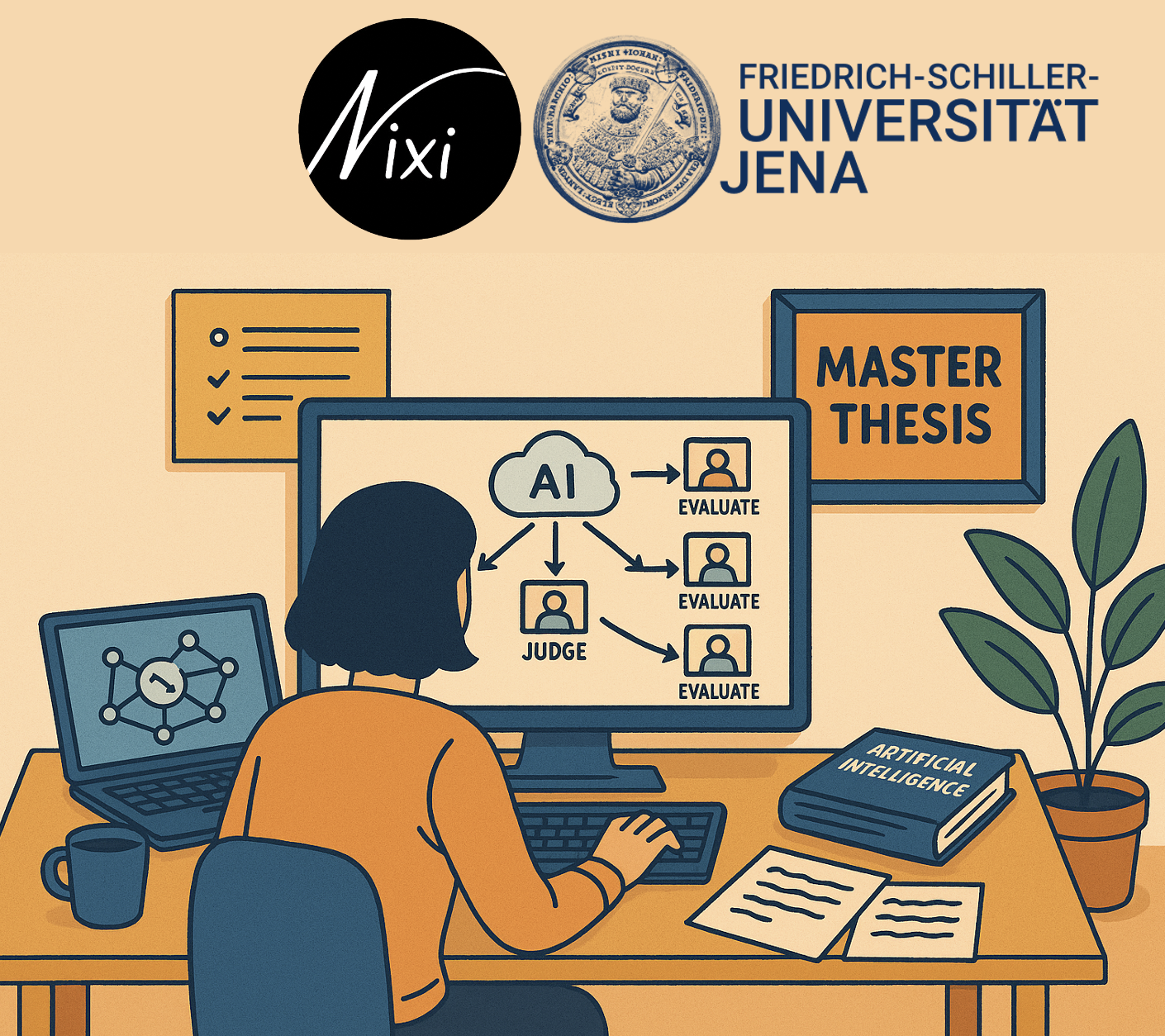 Cartoon illustration of a student working on a Master thesis in AI, featuring Nixi AI and Friedrich Schiller University Jena logos, with a computer screen showing multi-agent evaluation workflow