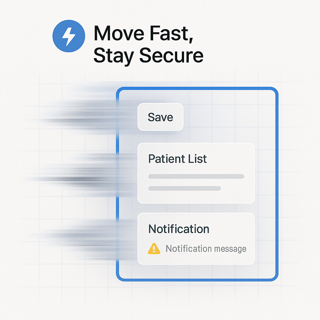Blurred motion UI with save button, patient list, and notification alert, representing Nixi AI’s focus on rapid innovation while maintaining patient data security.