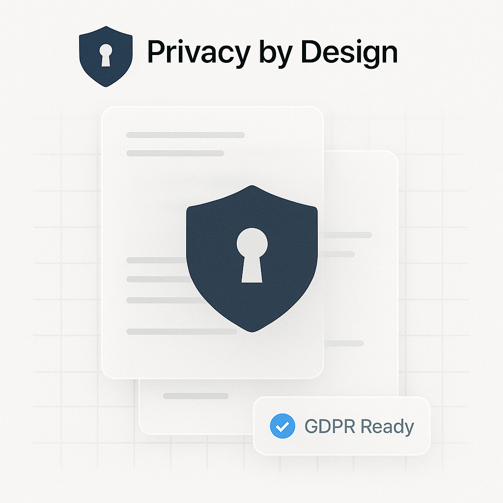 Shield icon over stacked documents with a GDPR-ready badge, symbolizing Nixi AI’s commitment to data security and privacy by design in healthcare AI solutions.