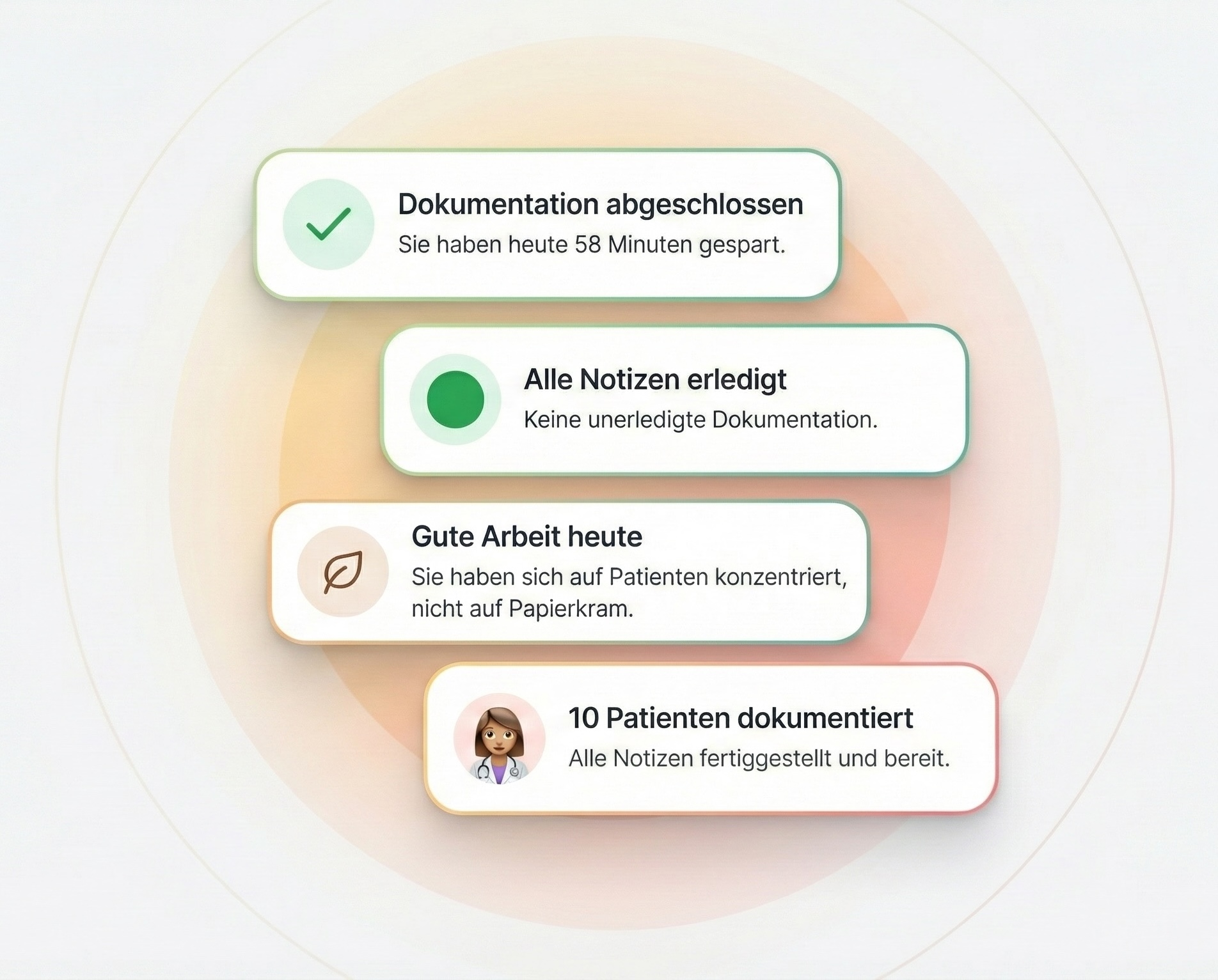 Systembenachrichtigungen zur abgeschlossenen Dokumentation, Zeitersparnis und erledigten Patientenakten