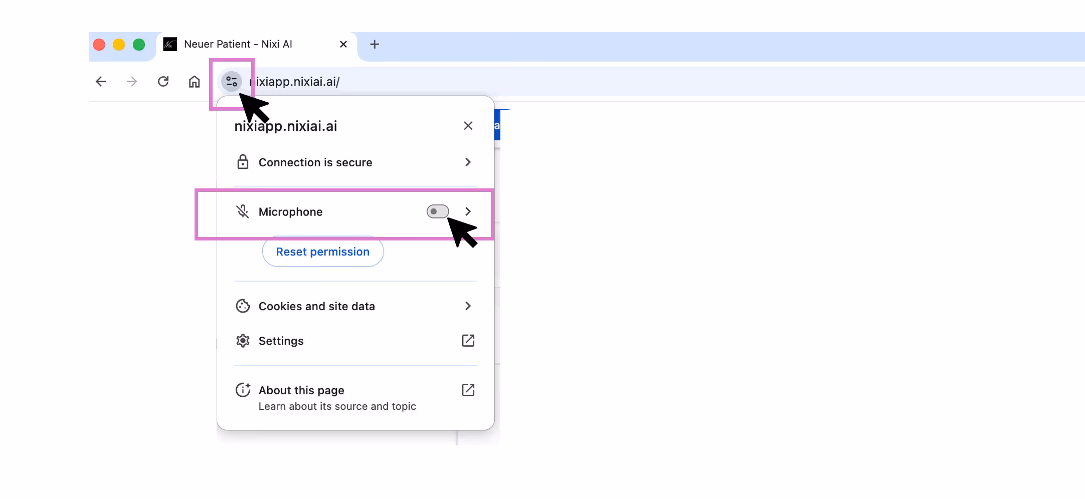 Google Chrome address bar permission settings showing how to allow microphone access for Nixi AI.
