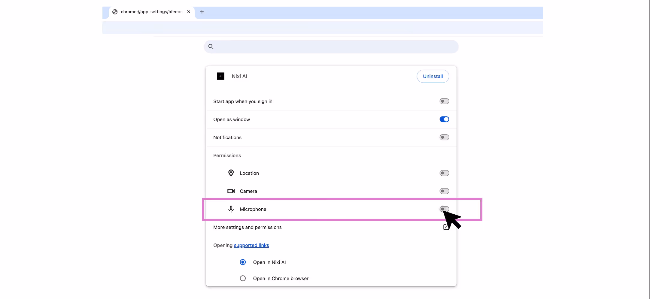 Google Chrome site settings page showing the microphone permission toggled to on.
