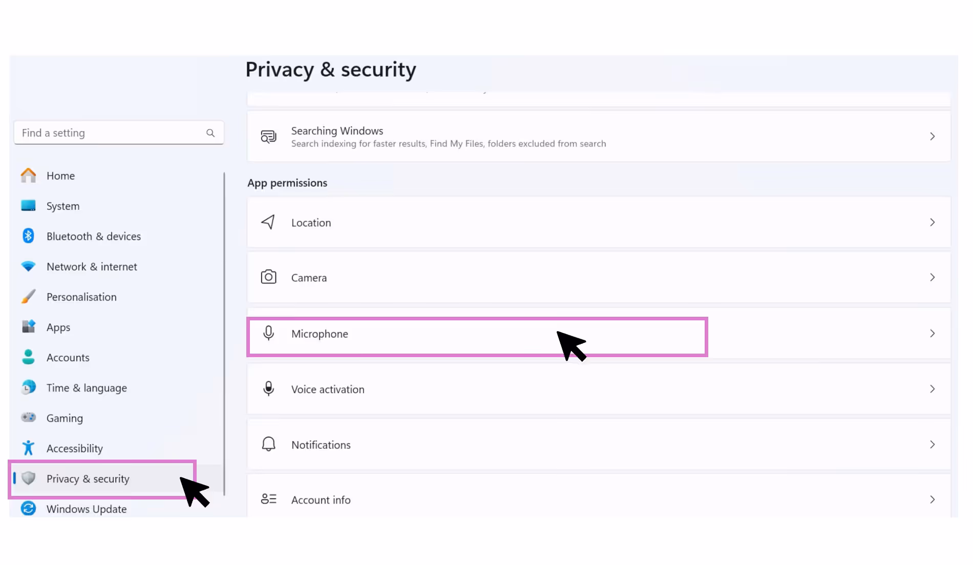 Windows 11 privacy and security settings ensuring desktop apps like Chrome have microphone access.