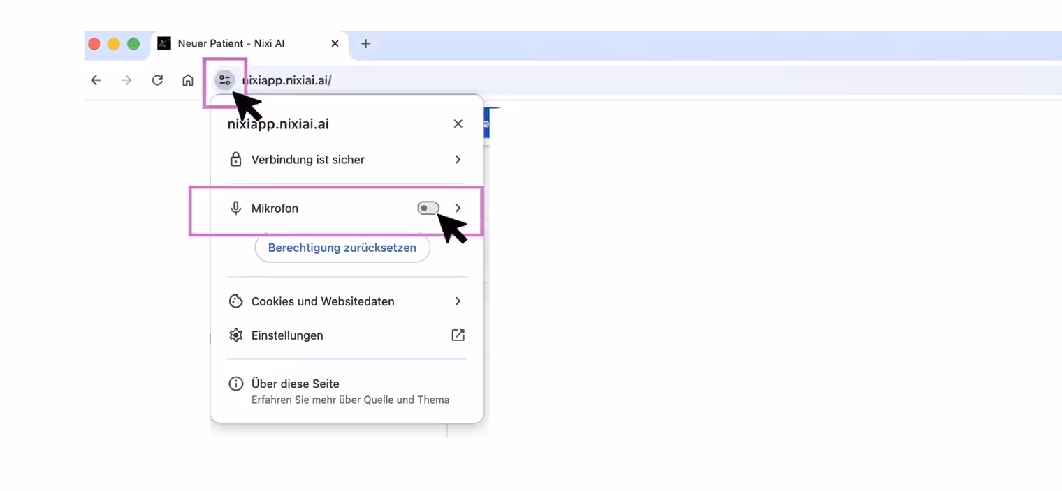 Google Chrome Adressleisten-Berechtigungen zum Aktivieren des Mikrofons für Nixi AI.