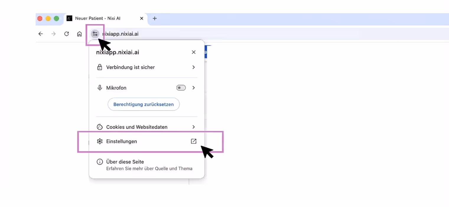 Klick auf das Einstellungssymbol in der Chrome-Adressleiste zum Öffnen der vollständigen Website-Einstellungen.
