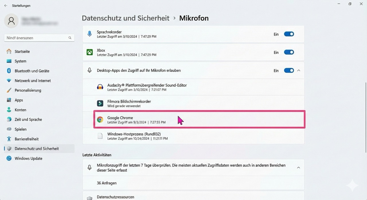 Windows 11 Datenschutz- und Sicherheitseinstellungen, um Desktop-Apps wie Chrome den Mikrofonzugriff zu erlauben.