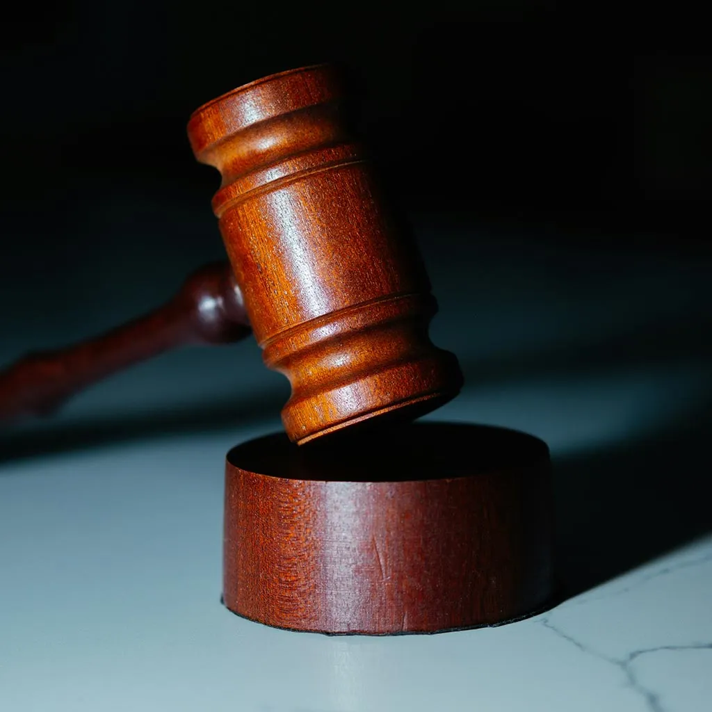 Nahaufnahme eines Richterhammers aus Holz, der auf einem Holzblock aufliegt.