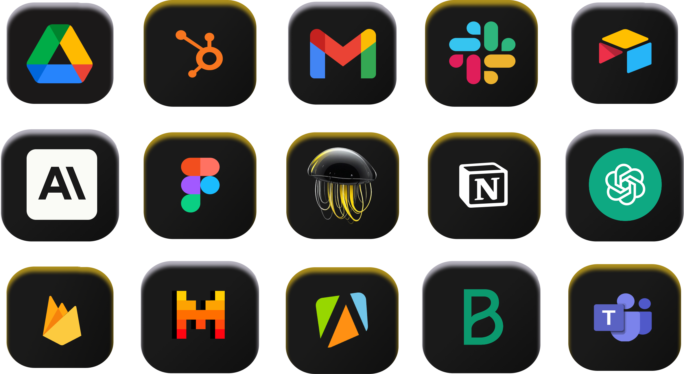 Icônes d’outils compatibles avec Growth AI comme Google Drive, HubSpot, Gmail, Slack, Figma, Notion, OpenAI, Firebase, Airtable et Microsoft Teams, illustrant une efficacité renforcée par des intégrations intelligentes.