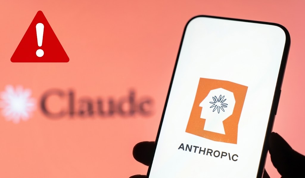 Photo d'un smartphone affichant le logo Anthropic, tenu par une main en silhouette, devant une icône d'avertissement rouge et le mot « Claude » flouté en arrière-plan.