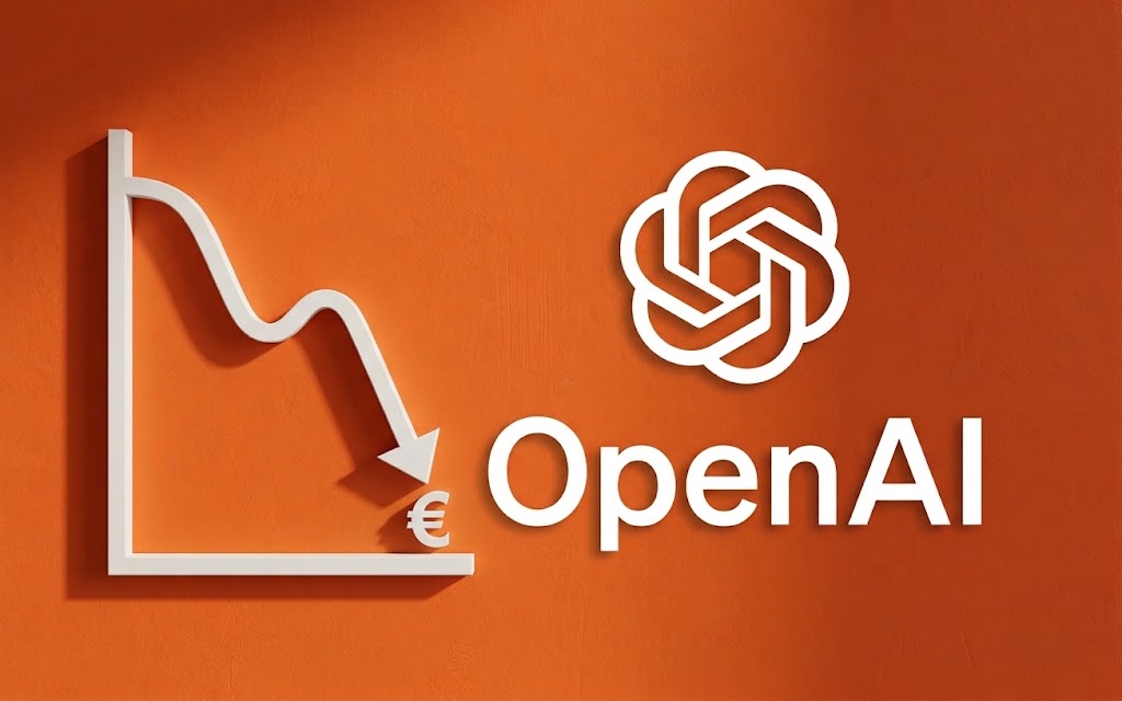 Illustration 3D d'une courbe blanche orientée vers le bas avec un symbole euro, accompagnée du logo et du nom OpenAI, sur fond orange.