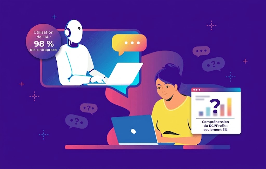Illustration sur fond violet d'un robot IA discutant avec une femme sur son ordinateur portable, avec deux encarts chiffrés : « Utilisation de l'IA : 98 % des entreprises » et « Compréhension du RCI/Profit : seulement 5 % ».