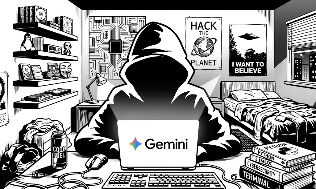 Illustration en noir et blanc d'un pirate en capuche devant un ordinateur portable affichant le logo Gemini