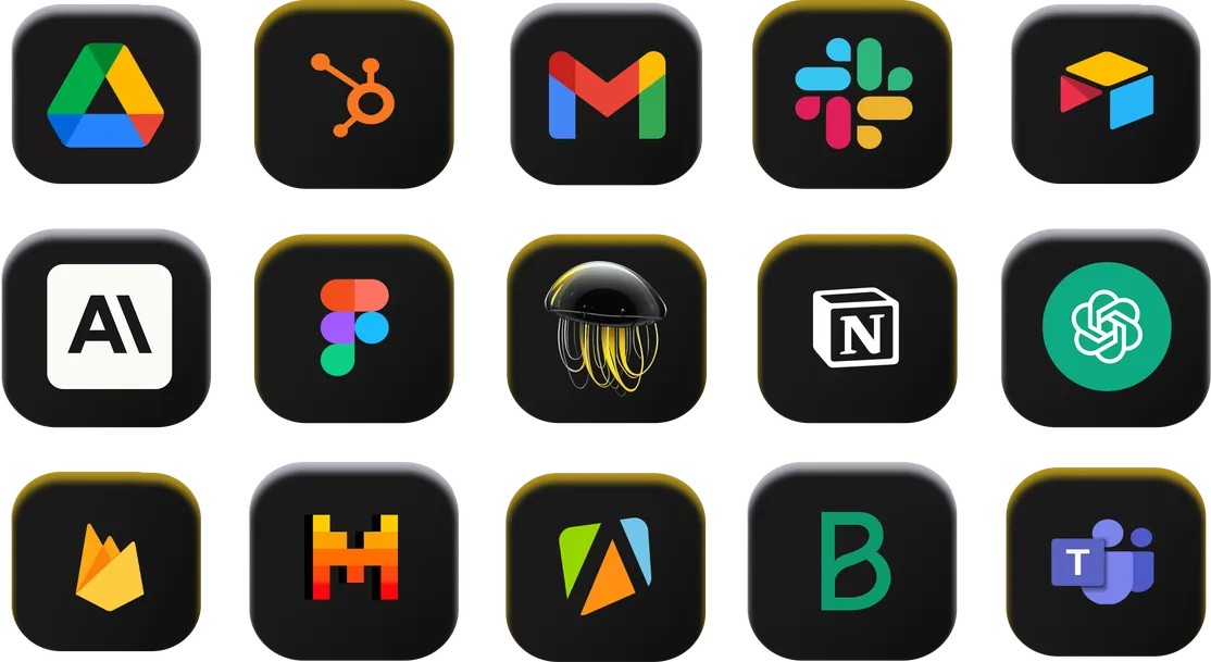 Logos d'outils compatibles : Google Drive, HubSpot, Gmail, Slack, Airtable, Anthropic, Figma, Notion, OpenAI, Firebase, Mistral AI, Brevo et Microsoft Teams