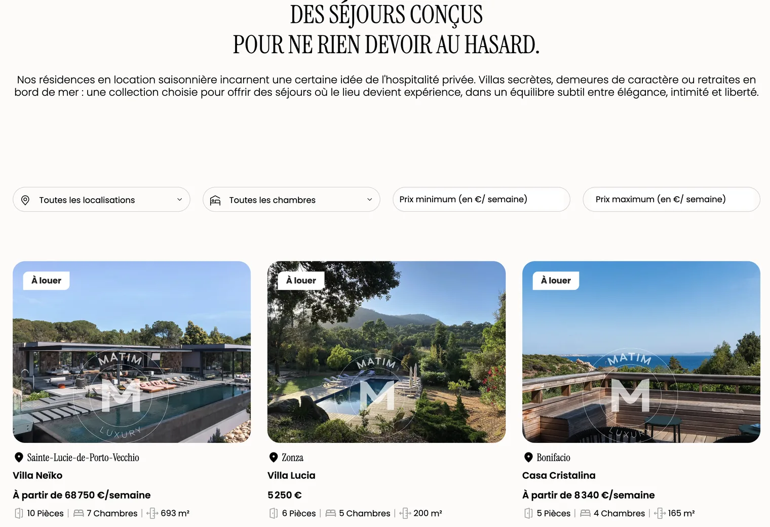 Capture d'écran du site Matim Luxury International montrant des filtres de recherche et trois annonces de villas de luxe en location (Sainte-Lucie-de-Porto-Vecchio, Zonza, Bonifacio).