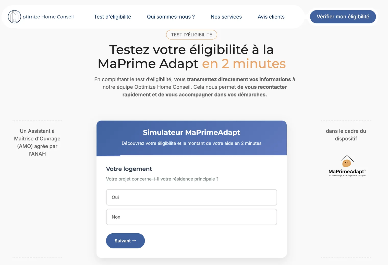 Capture d'écran du site Optimize Home Conseil montrant le simulateur d'éligibilité MaPrimeAdapt', avec une première question sur le logement.