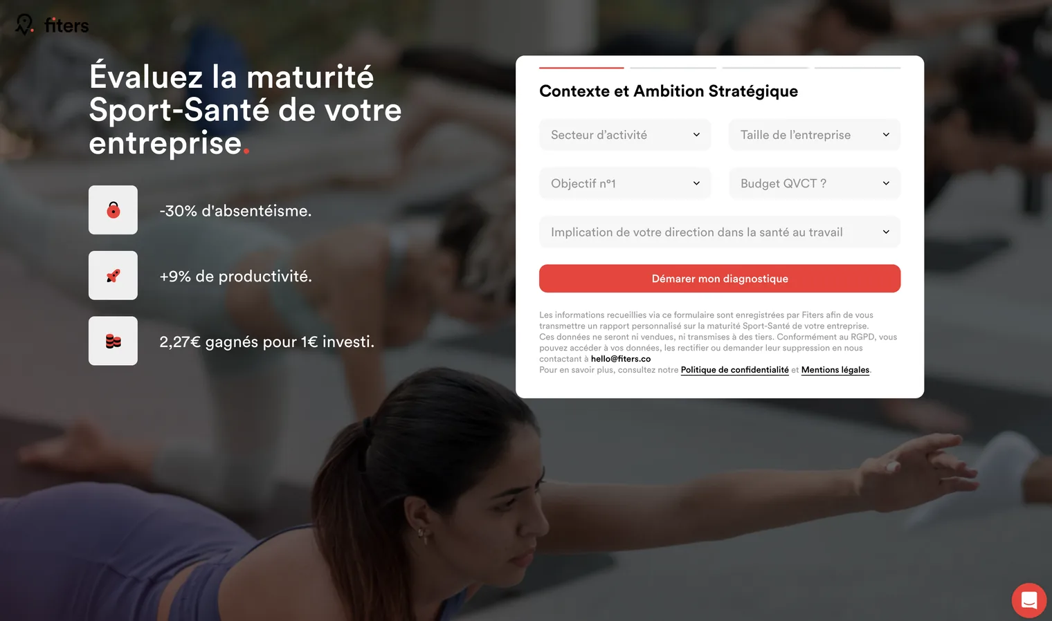 Capture d'écran du site Fiters montrant le formulaire de diagnostic « maturité Sport-Santé » avec les champs secteur d'activité, taille de l'entreprise et objectifs, à côté de trois chiffres clés.