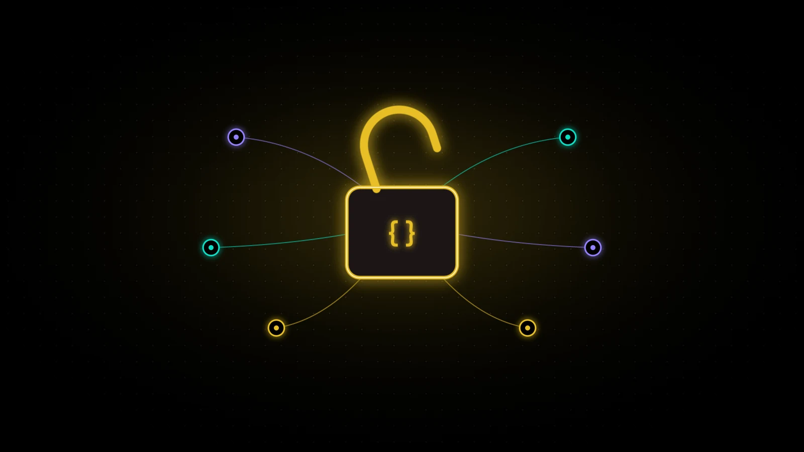 Cadenas ouvert lumineux jaune au centre d'un réseau de points violets et cyan, sur fond noir.
