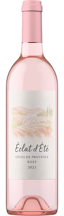 Final rendered Eclat d'Ete Cotes de Provence Rose bottle shot in pale pink glass, the finished product from Outshinery Lite